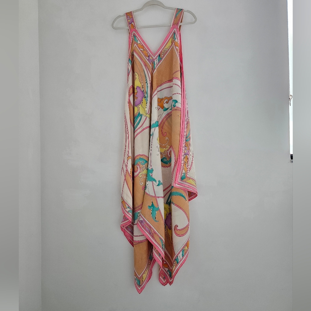 BRIJO Vintage Pastel Rolled Jacquard Silk Hankerchief V Tank Maxi Dress - Picture 4 of 16